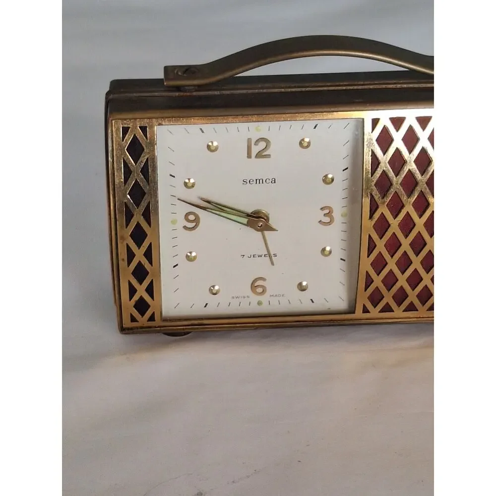 Vintage Semca Swiss 7 Jewel Brass Suitcase Style Musical Alarm Clock MCM Working